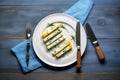 a plate of blue cheese slices with a knife aside Royalty Free Stock Photo