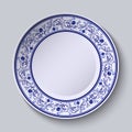 Plate with blue patterned border. Template design in ethnic style Gzhel porcelain painting.