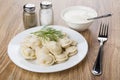 Plate with boiled dumpling, bowl with sour cream, salt, pepper