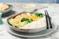 Plate of boiled rice with vegetables and meat Royalty Free Stock Photo