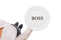 Plate with boss word in the waitress hand on the white background. Top view. Concept.