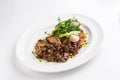 Plate with braised meat and forest mushrooms isolated on white background Royalty Free Stock Photo