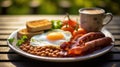 A plate of breakfast with eggs, beans and toast on a table, AI Royalty Free Stock Photo