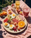 a plate of breakfast foods on a pink table