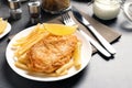 Plate with British traditional fish and potato chips Royalty Free Stock Photo