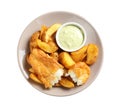 Plate with British Traditional Fish and potato chips on white Royalty Free Stock Photo