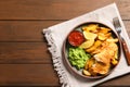 Plate with British traditional fish and potato chips on wooden background, top view. Royalty Free Stock Photo