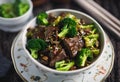 Plate with broccoli and beef in a bowl, AI-generated.