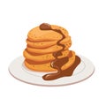 A plate with a bunch of pancakes drizzled with chocolate. Bright color vector illustration in cartoon style