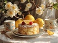 A plate with a cake cups. Table With Powdered Sugar Covered Cake for Celebration and Dessert