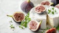 Plate with camembert, fig fruits and fresh basil on a white background Royalty Free Stock Photo