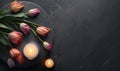 a plate with a candle and some flowers on a table