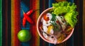 Plate of ceviche on a colorful tablecloth