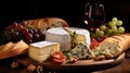 Plate of Cheese, Bread, Grapes, Nuts, and Glass of Wine