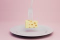 a plate of cheese pricked on a fork on a pink background. 3D render