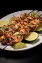 a plate of chicken skewers and limes