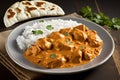 plate of chicken tikka masala, with chunks of tender chicken in creamy and flavorful sauce