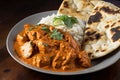 plate of chicken tikka masala, with side of warm naan and cool cucumber salad