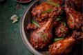 a plate of chicken wings with sauce and green onions on the side of the plate and a bowl of sauce and seasoning Royalty Free Stock Photo