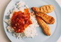 Children\'s menu of breaded chicken strips and rice with tomato sauce Royalty Free Stock Photo