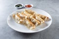 plate of Chinese dumplings, potstickers, jiaozi Royalty Free Stock Photo