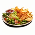 Mexican-american Fusion: Photorealistic Plate Of Chicken, Chips, And Salad