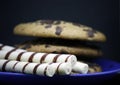 A plate of chocolate chip cookies on a blue plate with a glass of milk on a black background close-up Royalty Free Stock Photo