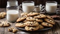 A plate of chocolate chip cookies and glasses of milk