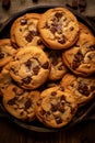 Plate of chocolate chip cookies on the table. Close up, top view. Homemade pastries. AI generated