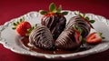 Chocolate Dipped Strawberries Arranged on an Elegant Plate with Dark Red Backdrop Royalty Free Stock Photo