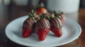 A plate of chocolate covered strawberries on a white table, AI Royalty Free Stock Photo