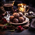 A plate of chocolate covered truffles on a table, AI Royalty Free Stock Photo