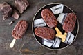 Plate of chocolate dipped ice cream pops with nuts over a dark background Royalty Free Stock Photo