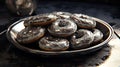 a plate of chocolate donuts on a table