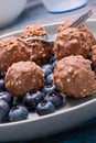 A plate of chocolate nut clusters with blueberries Royalty Free Stock Photo