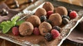 A plate of chocolate truffles topped with fresh raspberries and mint leaves Royalty Free Stock Photo