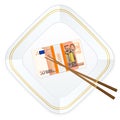 Plate chopsticks and fifty euro pack Royalty Free Stock Photo