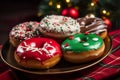 A plate of Christmas doughnuts. Generative AI.