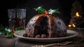 A plate of Christmas pudding with a sprig of holly on top generative AI