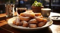 A plate of churros on a wooden surface. Generative AI.