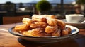 A plate of churros on a wooden surface. Generative AI.