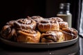 plate of cinnamon buns, dusted with powdered sugar and drizzled with sticky icing