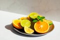 Plate of citrus fresh fruit and mint on a white table in sunlight Royalty Free Stock Photo