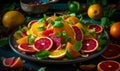 Plate of citrus fruit with leaves and oranges on blue table cloth. Generative AI