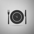 Plate with clock, fork and knife icon isolated on grey background. Lunch time. Eating, nutrition regime, meal time and Royalty Free Stock Photo