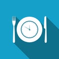 Plate with clock, fork and knife icon isolated with long shadow. Lunch time. Eating, nutrition regime, meal time and