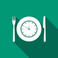 Plate with clock, fork and knife icon isolated with long shadow. Lunch time. Eating, nutrition regime, meal time and Royalty Free Stock Photo