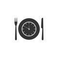 Plate with clock, fork and knife icon isolated. Lunch time. Eating, nutrition regime, meal time and diet concept. Flat Royalty Free Stock Photo