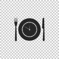 Plate with clock, fork and knife icon isolated on transparent background. Lunch time. Eating, nutrition regime, meal Royalty Free Stock Photo