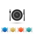 Plate with clock, fork and knife icon isolated on white background. Lunch time. Eating, nutrition regime, meal time and